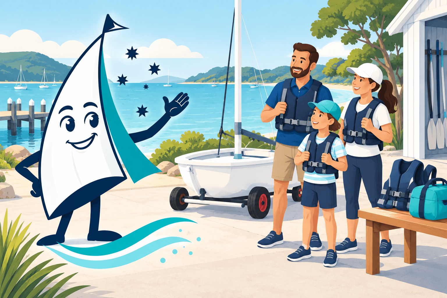 Saily welcomes a family beside a training dinghy resting on a trolley ashore