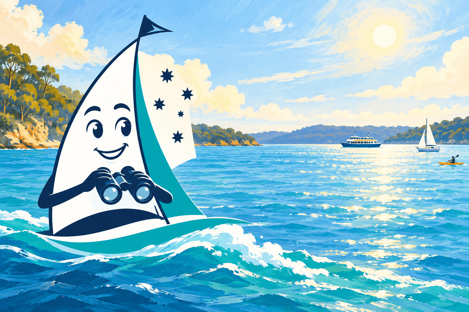 Practise noticing, reporting and sharing busy water with other users. Saily appears in an original nautical illustration.