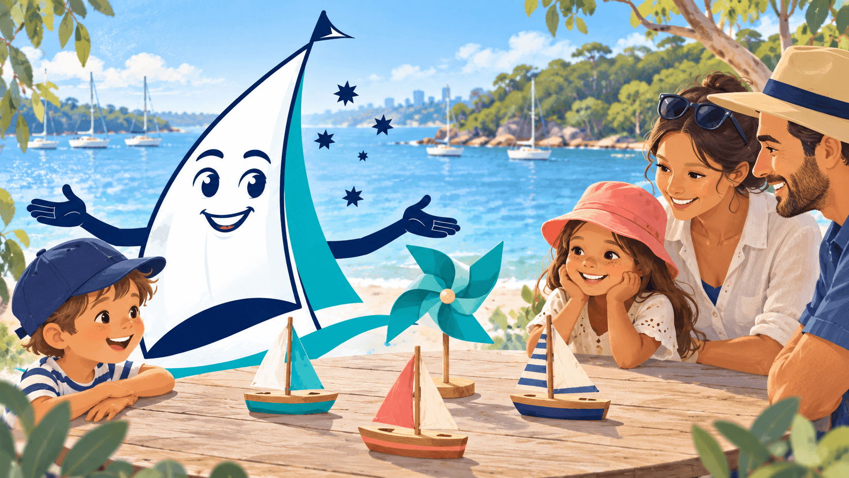 Saily explores toy sailboats pointing in different directions at a seaside learning table