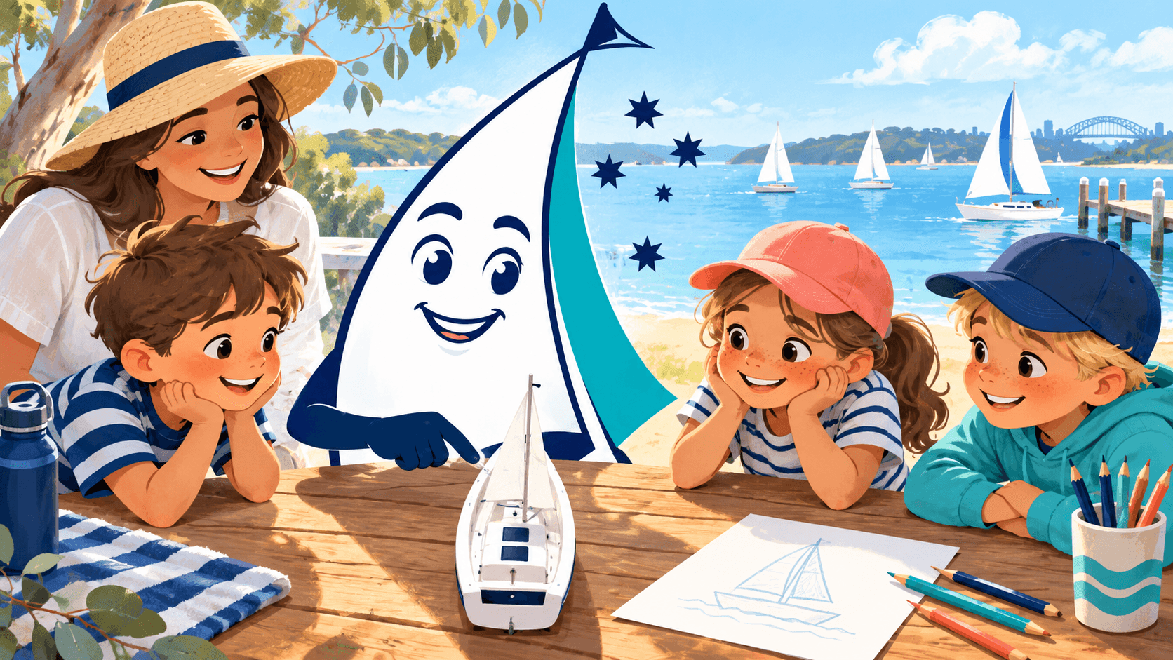 Saily and learners explore the direction of a toy yacht at a shore-side table