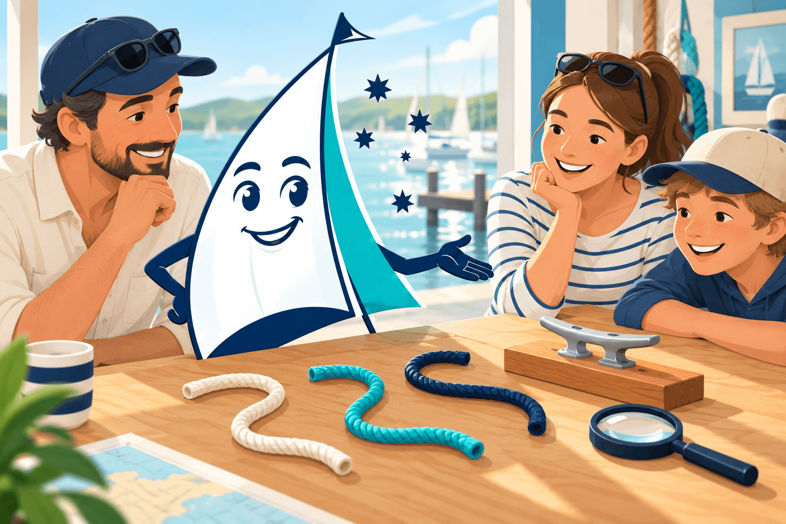 Saily presents loose coloured practice ropes and a training cleat in a shore classroom