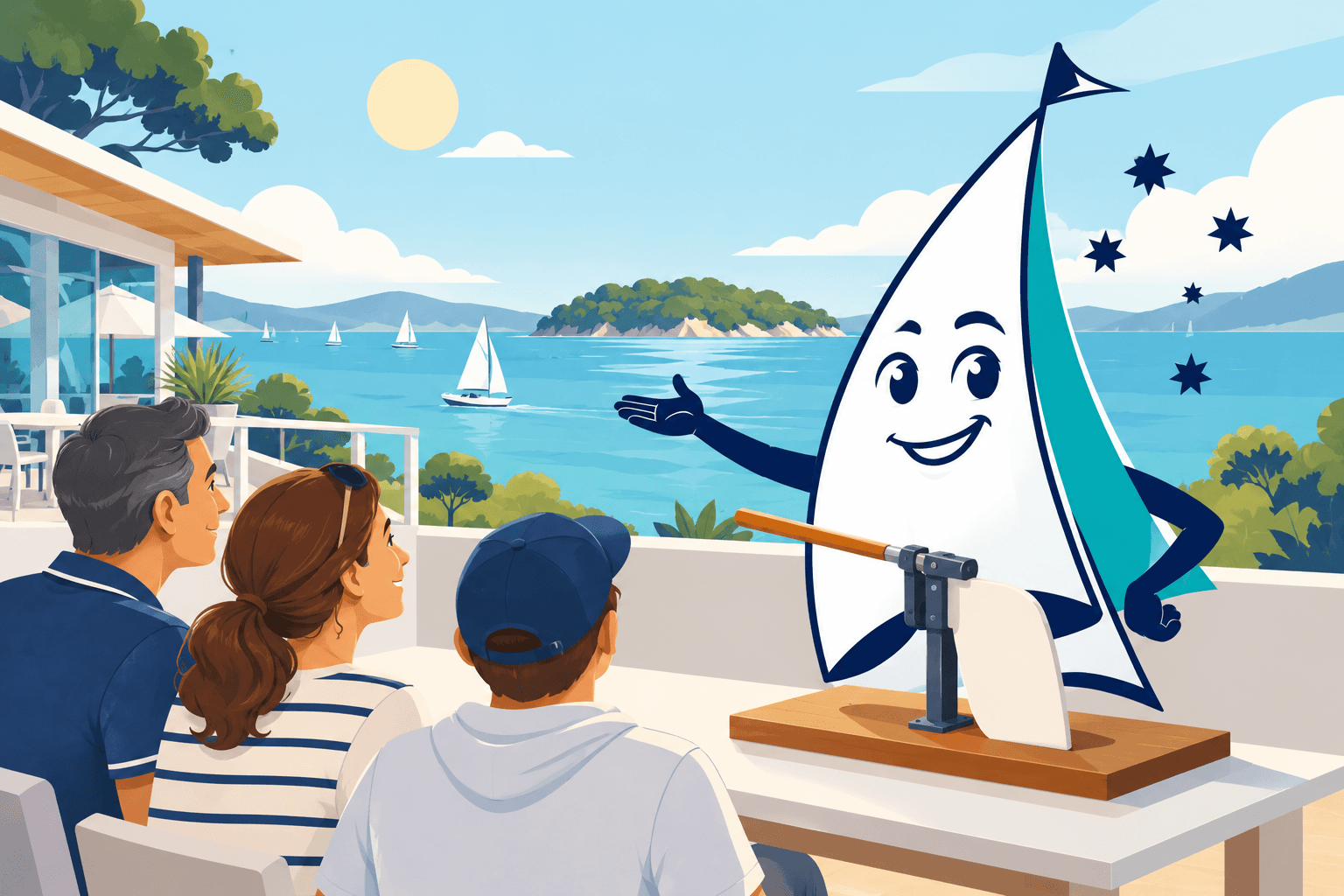 Saily stands beside a shore-based tiller and rudder teaching model with an open harbour view