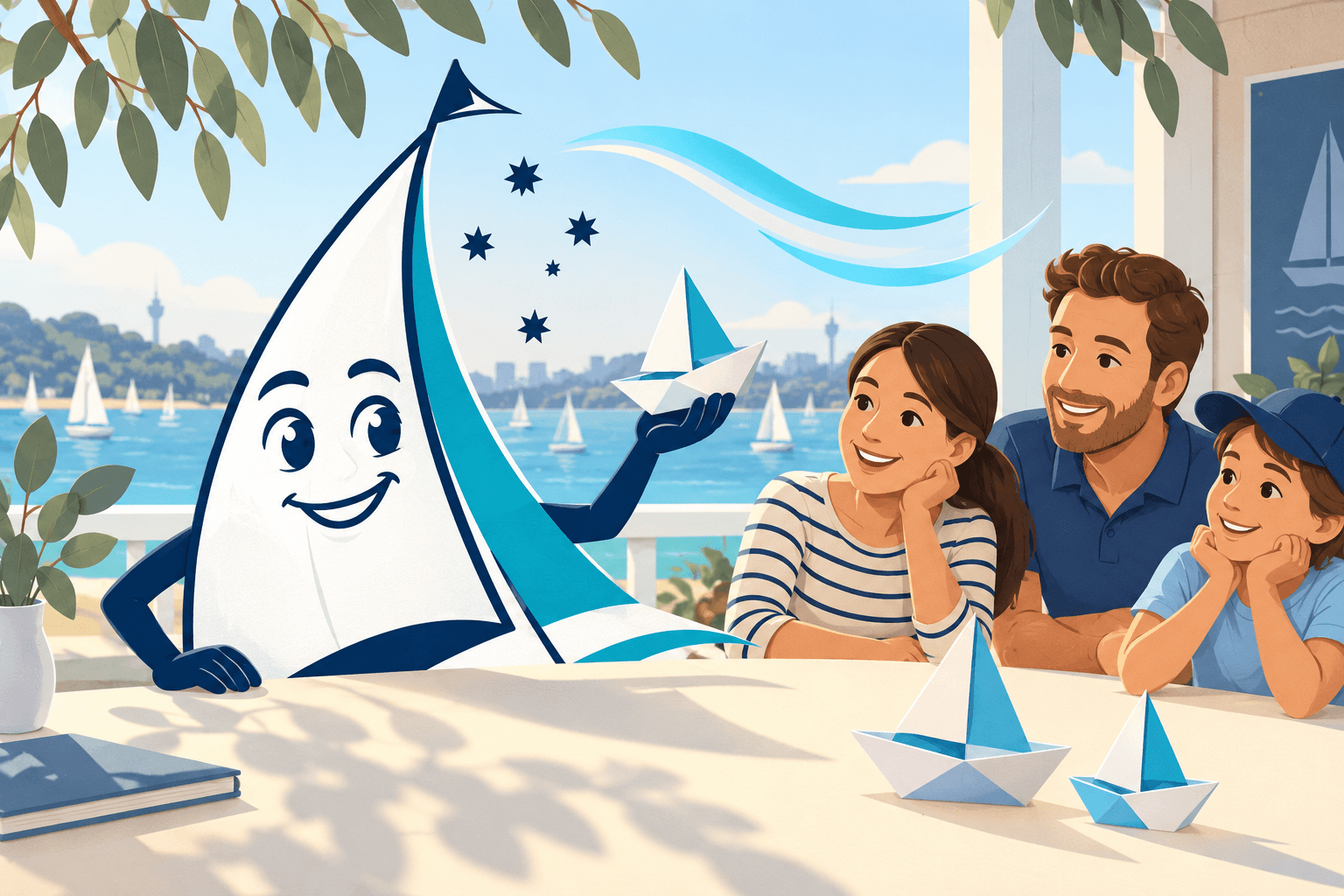 Saily uses a paper sailing boat to explain a turn in a seaside classroom