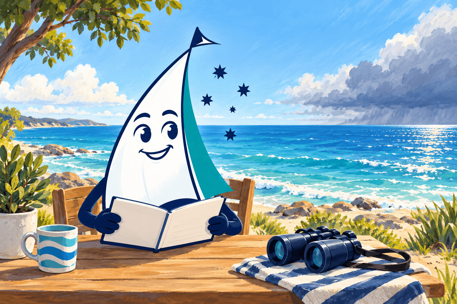 Read marine forecasts as a changing picture, not a sunshine promise. Saily appears in an original nautical illustration.