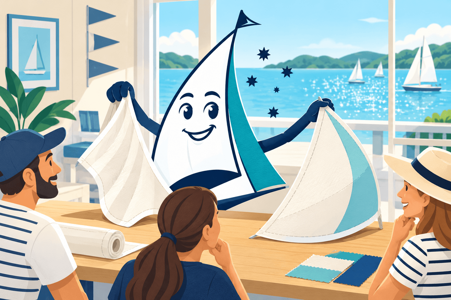 Saily compares two small fabric sails in a bright sailing classroom