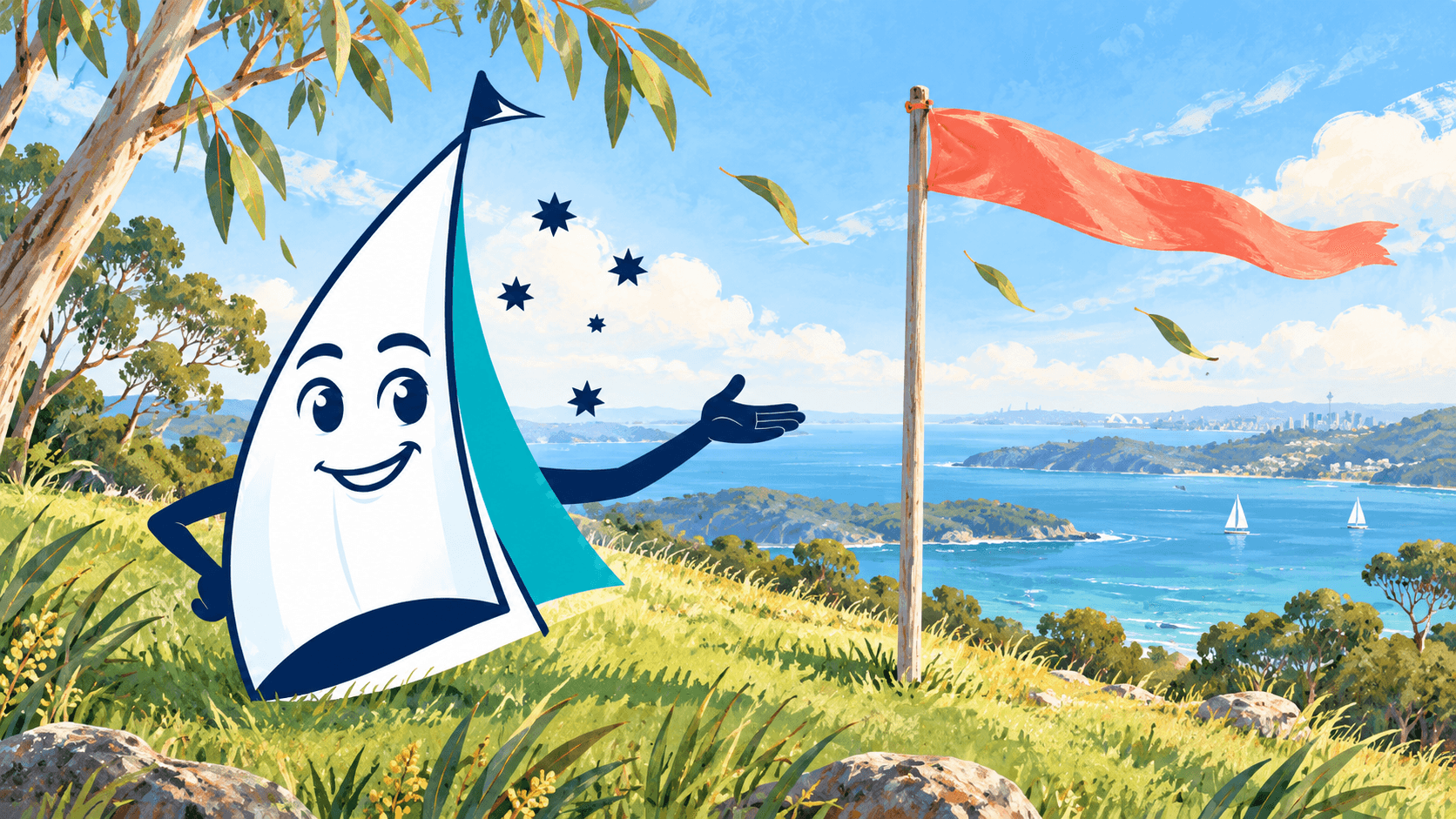 Saily notices a coral streamer and leaves moving in a breeze on a grassy shore