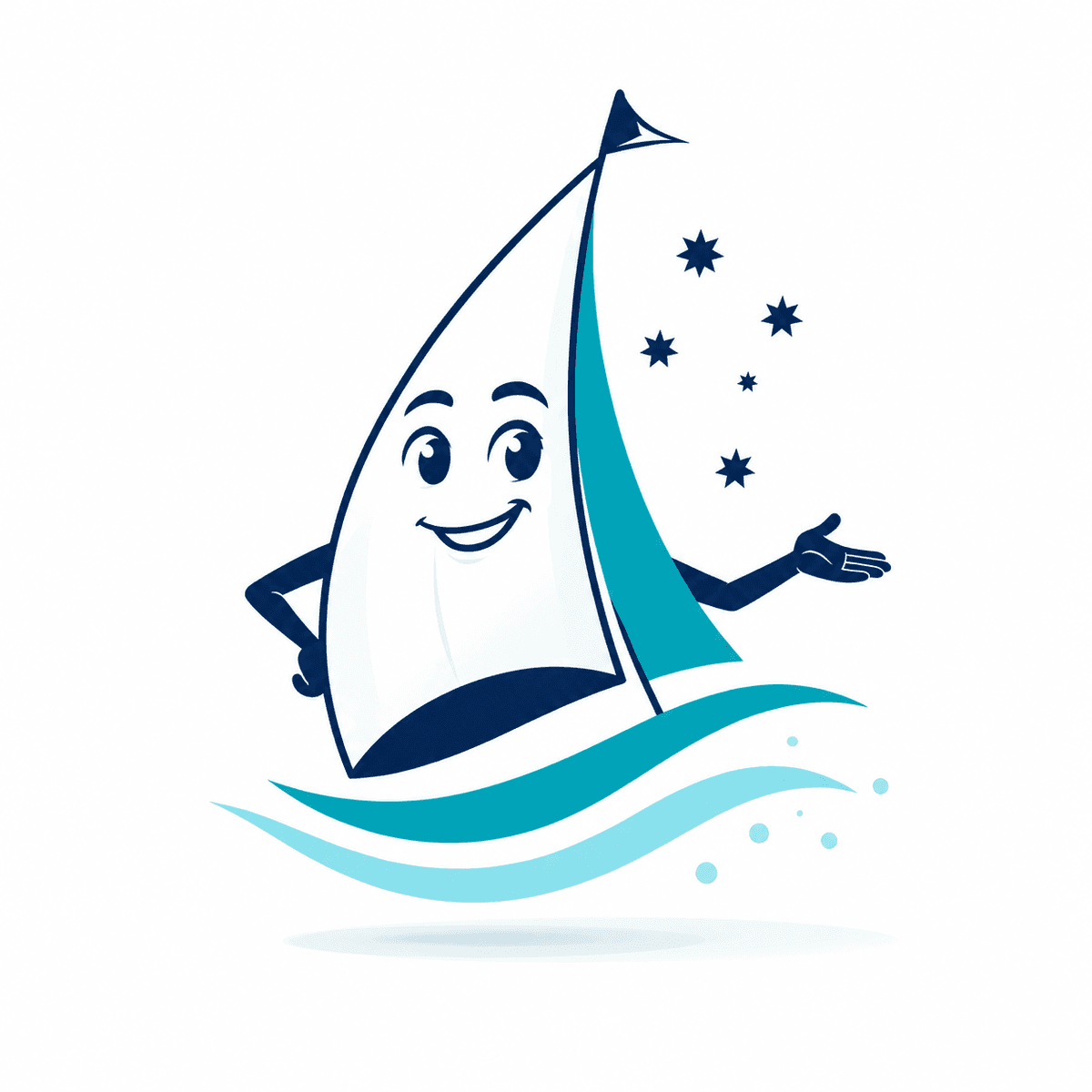 Saily, the smiling sail mascot, welcoming you aboard